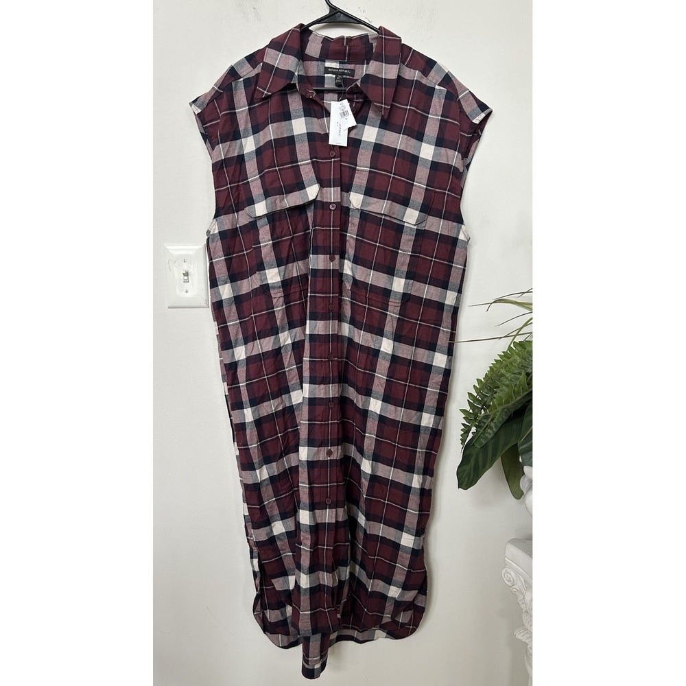 NWT Banana Republic Plaid Maxi Shirt Dress Sleeveless Burgundy Flannel Duster XL
